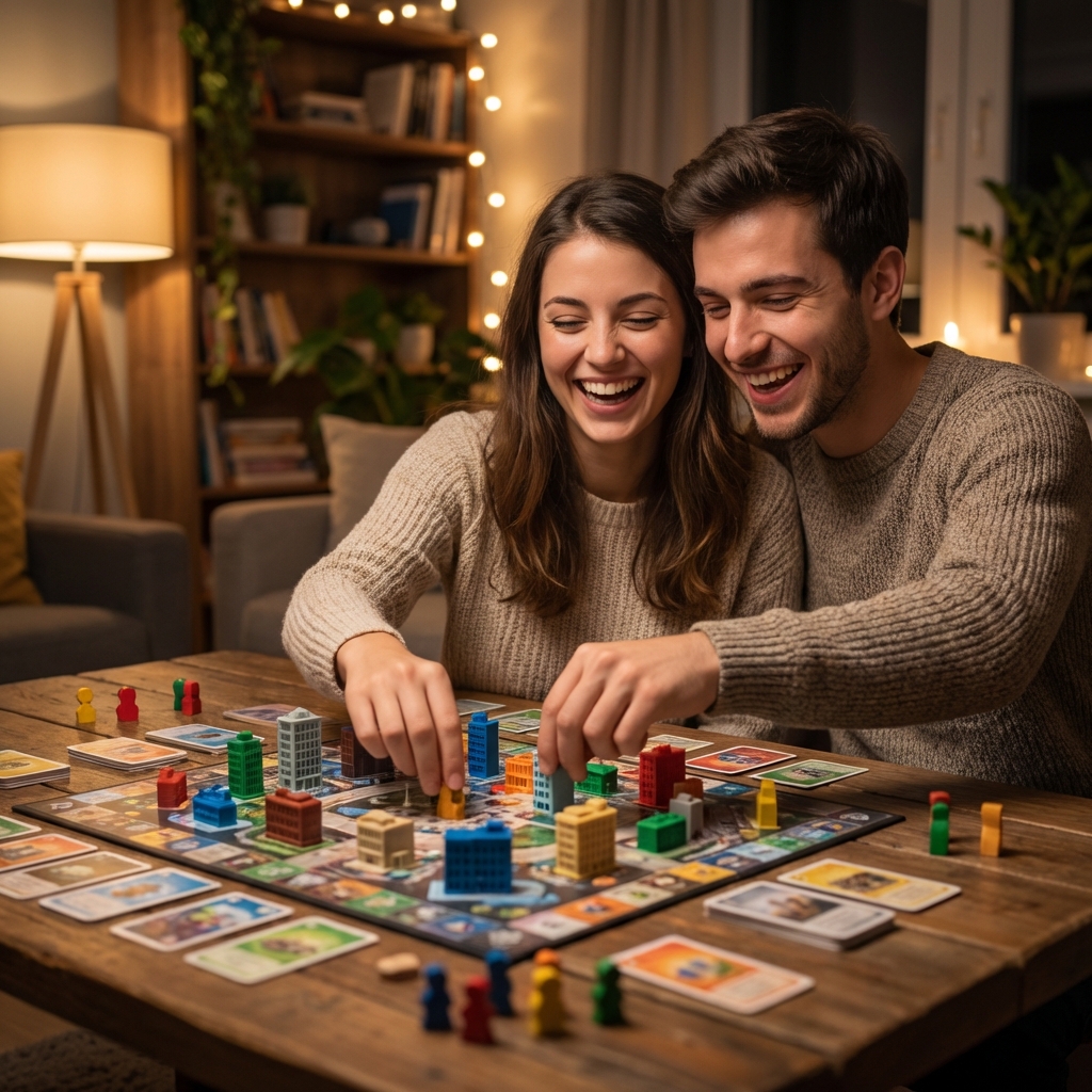 Пара грає в настільні ігри для двох у затишній квартирі 2026 року