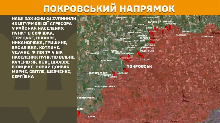 Мапа фронту з виділеним Покровським напрямком, де 22 липня 2026 року відбулося 42 штурми
