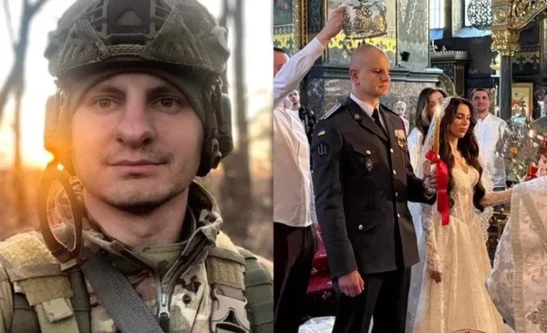 Євген Карась у військовій формі та Катерина Шведенко у білій мереживній сукні з довгою фатою під час церемонії вінчання; фото