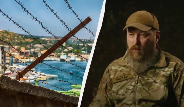 Командувач Силами безпілотних систем Роберт «Мадяр» Бровді на тлі військових об'єктів у Криму