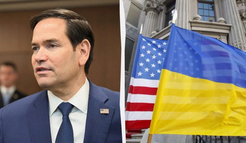 Державний прапор України на тлі символічних прапорів країн-партнерів, що привітали Україну з Днем Незалежності.